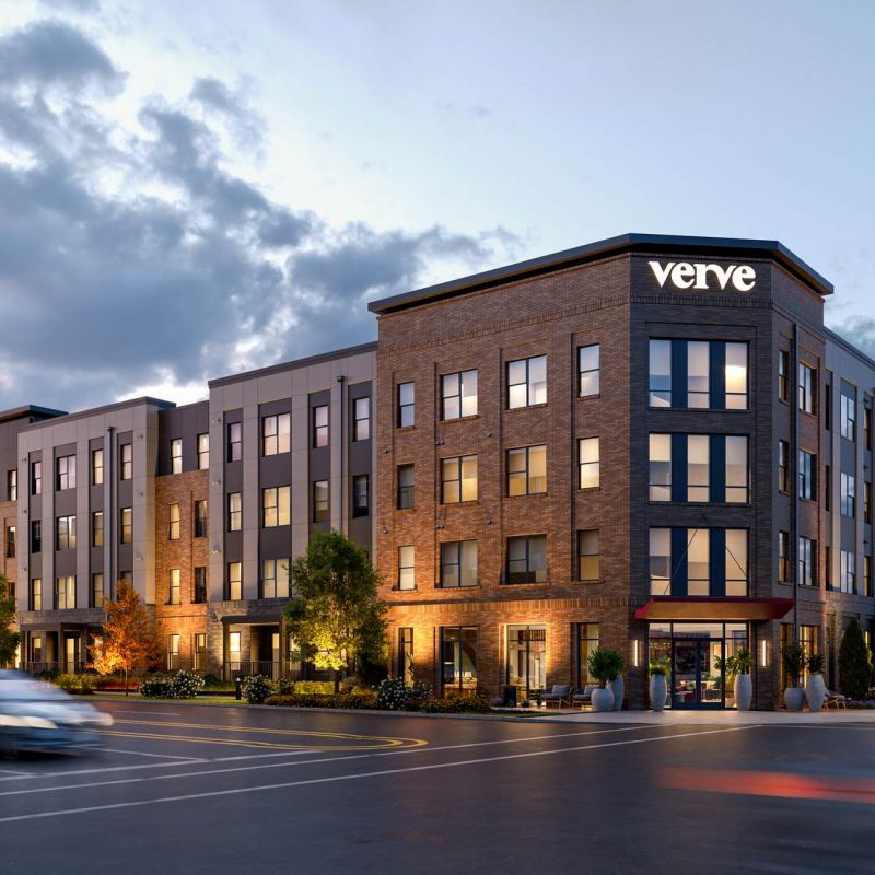 VERVE Columbia building exterior at dusk