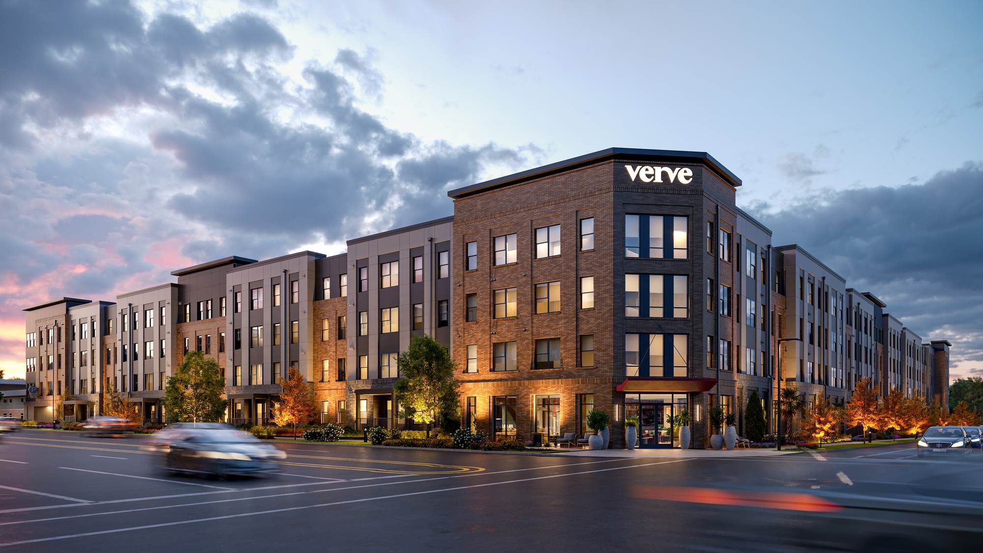 VERVE Columbia building exterior at dusk
