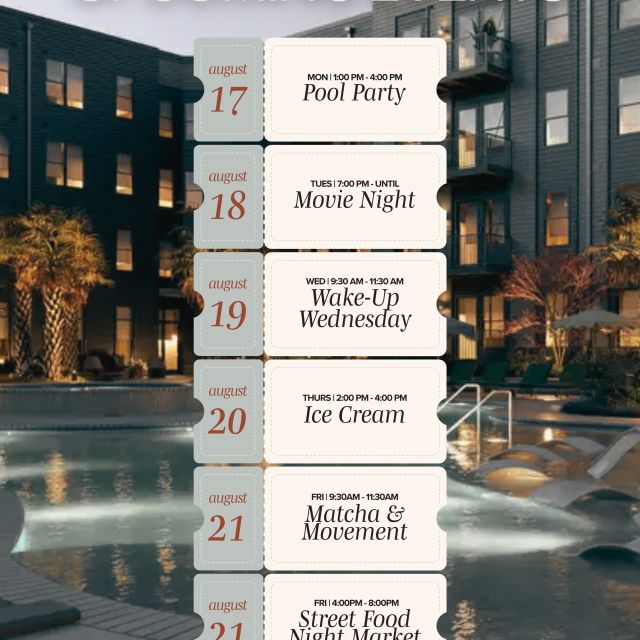 RESIDENTS- you’re moved in, classes are about to start, and now it’s time to make the most of your first week back! 📚✨

we’ve got a full lineup of events planned to kick off the semester, meet your neighbors, and make your first week at VERVE one to remember. 🥳

📅 mark your calendars + save the dates for our first week of resident events!
We can’t wait to see you there!