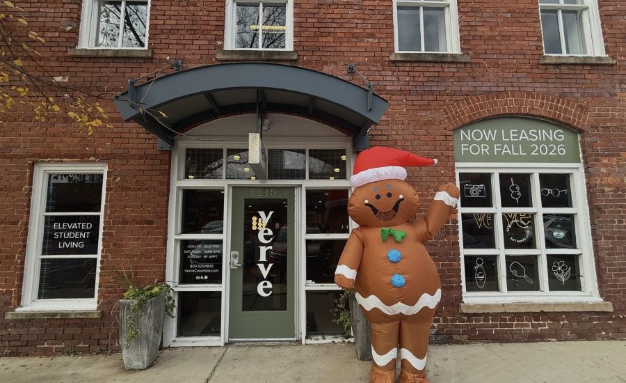 Holiday themed picture in front of VERVE Columbia