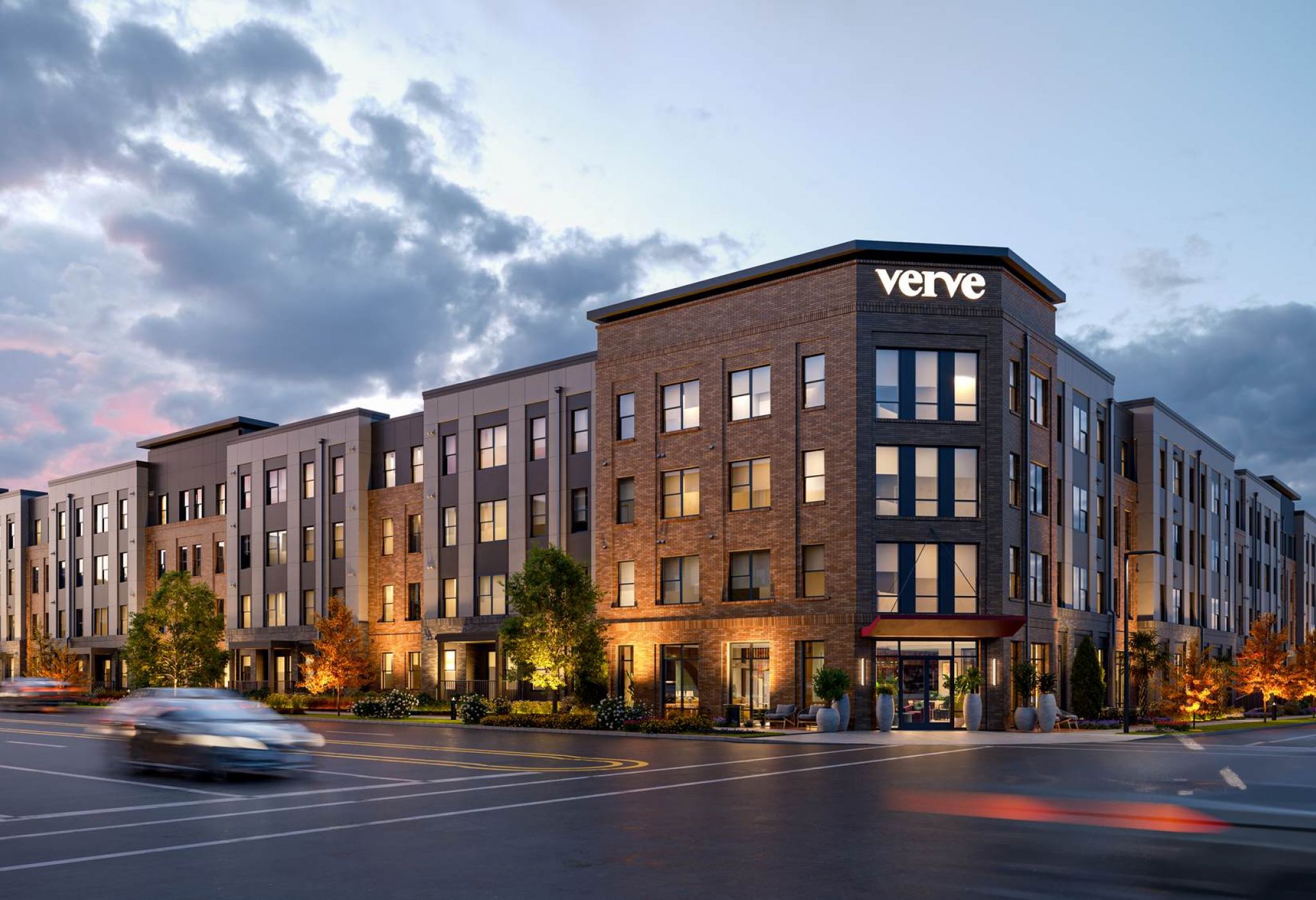 VERVE Columbia building exterior at dusk