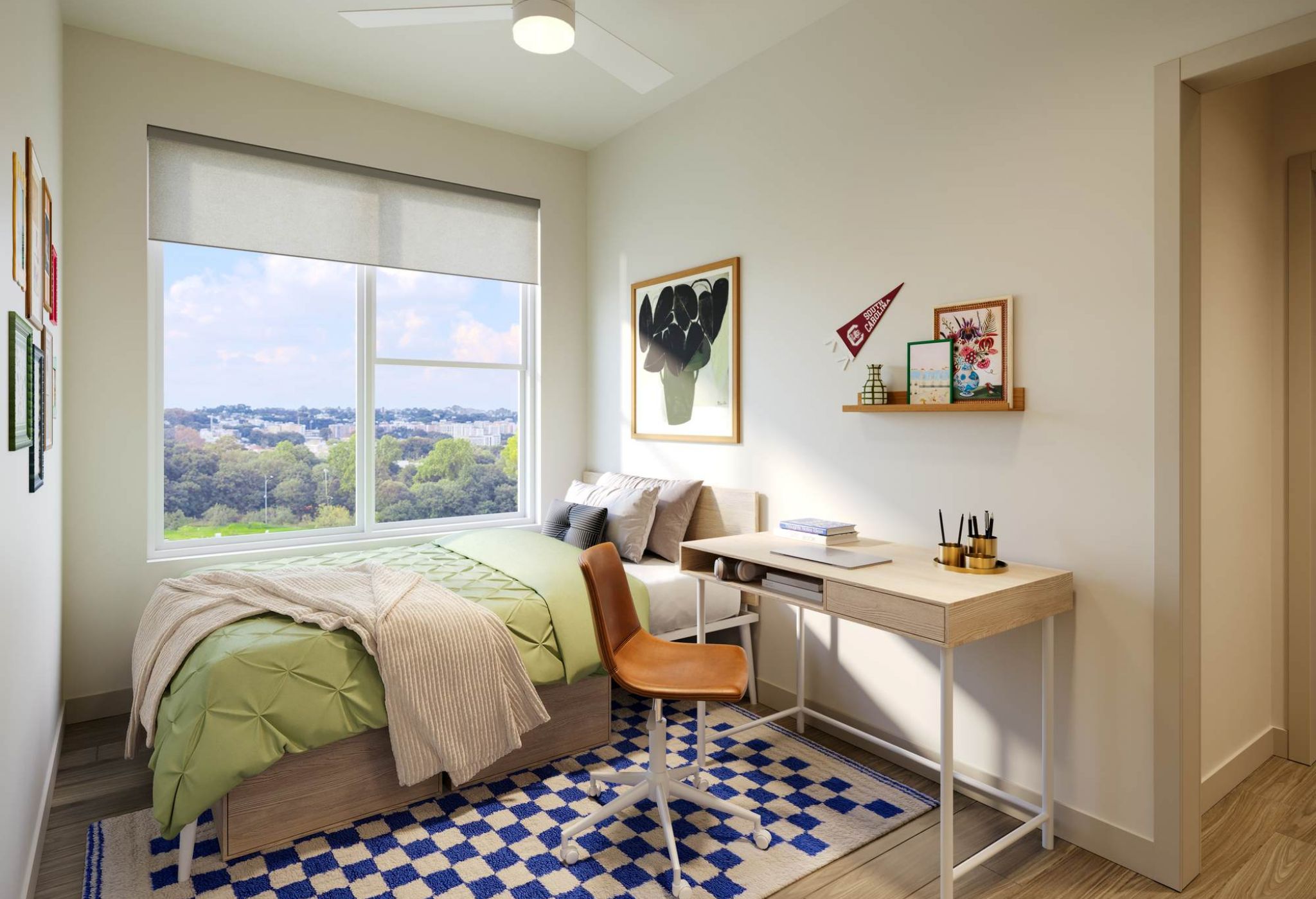 VERVE Columbia student apartments bedroom with desk and bed