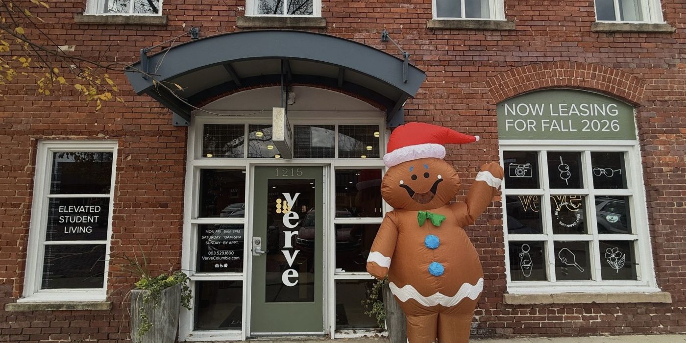 Holiday themed picture in front of VERVE Columbia